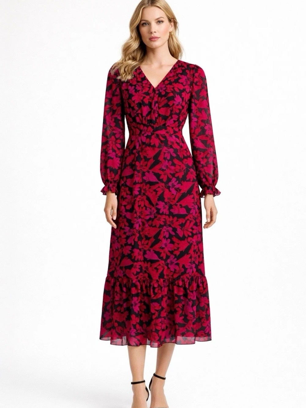 J. Crew Red, Pink & Black Floral V-Neck Long Sleeve Midi Dress | Size 6